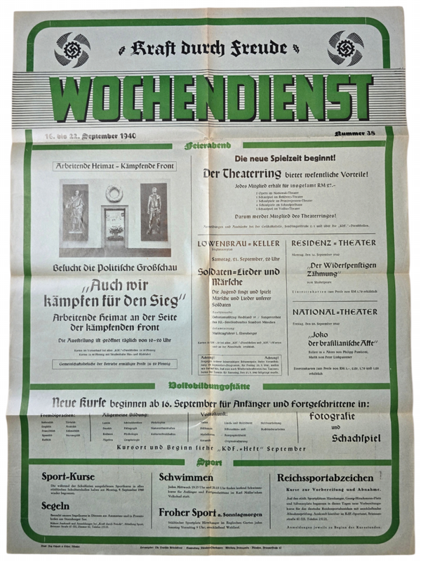 Original WW2 German KDF Poster - Wochendienst Feierabend München, Nummer 38 (1940)