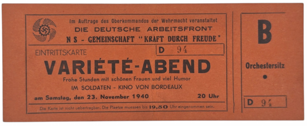 Original WW2 German DAF Document - KDF Deutsche Arbeitsfront Variete Abend soldaten, Bordeaux, France (1940)