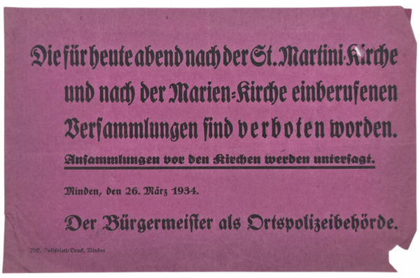 Original WW2 German Document - No gathering at the churches in Minden (1934)