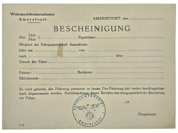 Original WW2 Dutch German Document - Bescheinigung vehicle Wehrmachtskommandantur Amersfoort
