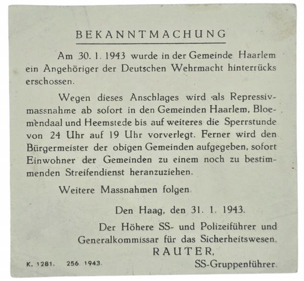 Original WW2 Dutch German Document - SS execution notice poster after an attack on the Mayor of Haarlem (1943)