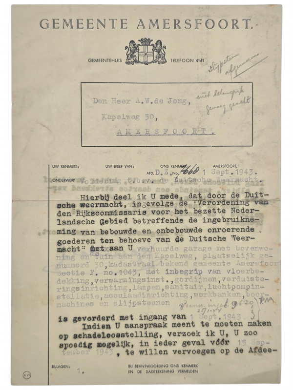 Original WW2 Dutch German Document - Confisquation notice garage Amersfoort by the German Wehrmacht (1943)