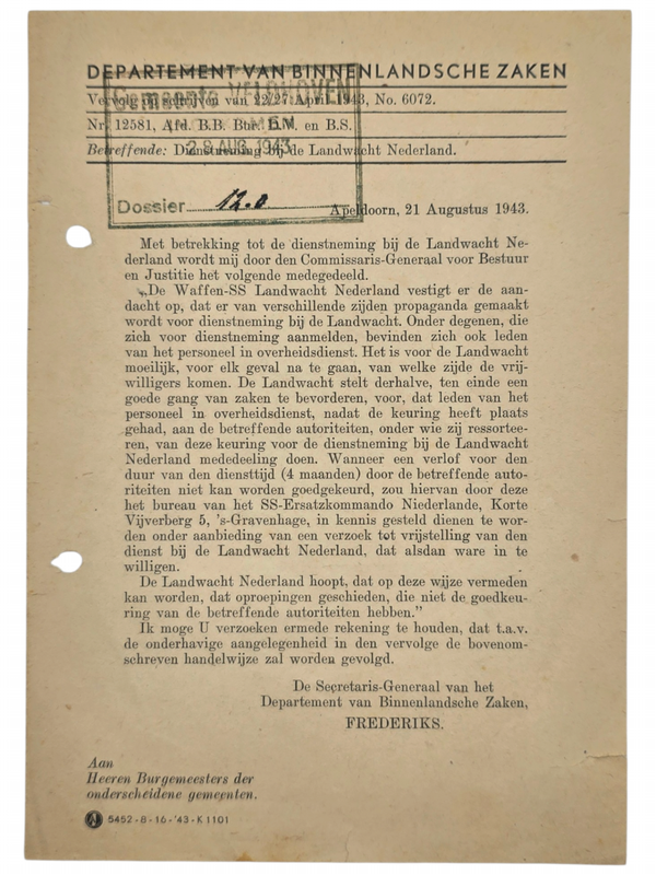 Original WW2 Dutch Document - Announcement Waffen SS Landwacht Nederland (1943)