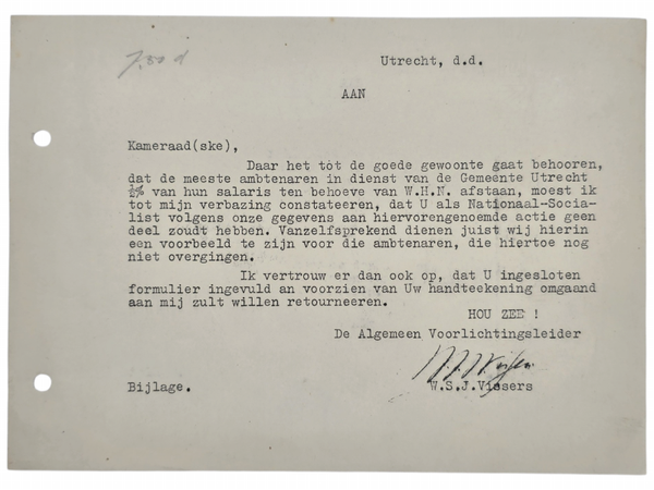 Original WW2 Dutch Collaboration NSB Document - NSB offical warning about not donating salary to the WHN Winterhulp Nederland, Utrecht