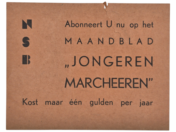 Original WW2 Dutch Collaboration NSB Document - Maandblad Jongeren Marcheeren advertisement flyer, Haarlem
