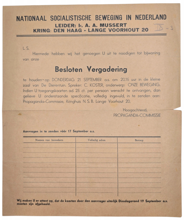 Original WW2 Dutch Collaboration NSB Document - NSB gathering Dierentuin, C. Koster, Den Haag