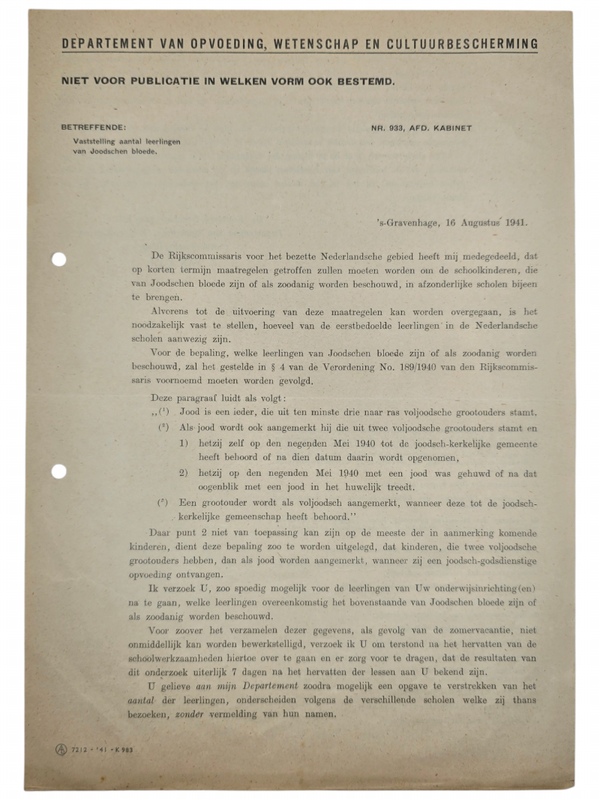 Original WW2 Dutch Collaboration Document - Letter about registration of Jewish children in schools (1941)