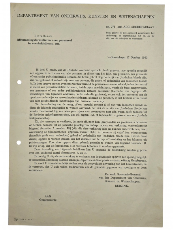 Original WW2 Dutch Collaboration Document - Letter about the non-Jewish statement for government personnel (1940)