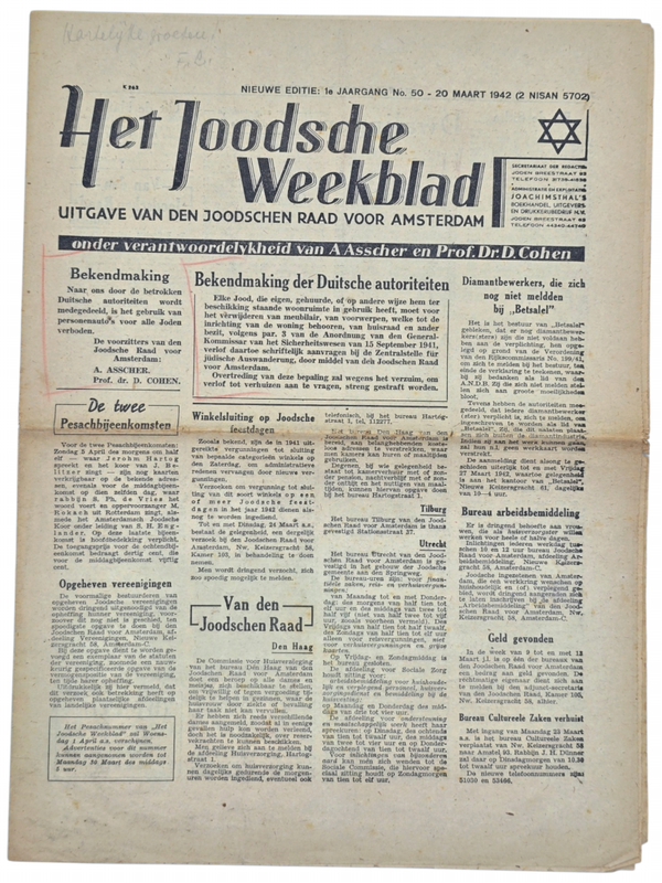 Original WW2 Dutch Jewish Newspaper - Het Joodsche Weekblad 1st year No. 50 (1942)