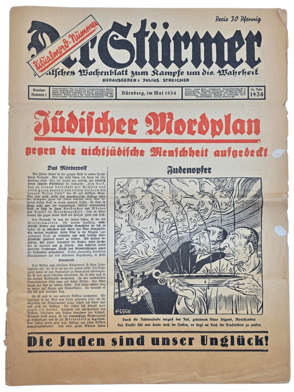 Original German Antisemitic Newspaper - Der Stürmer, Julius Streicher, 12th year Sondernummer extra edition about 'ritual murder' (1934)