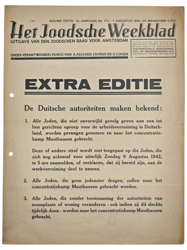 Original WW2 Dutch Poster - Het Joodsche Weekblad Extra Edition, Jews sent to Mauthausen (1942)