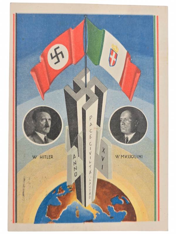 Original WW2 German Postcard - Hitler Mussolini, Pace Civilata Lavoro (1938)