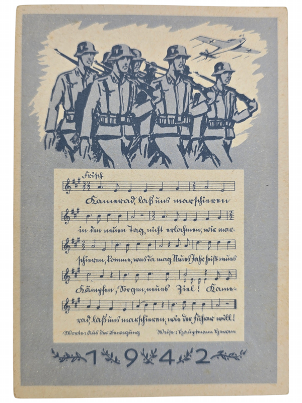Original WW2 German Postcard - New Years card Luftgaukommando VI, Munster, Marching song (1942)