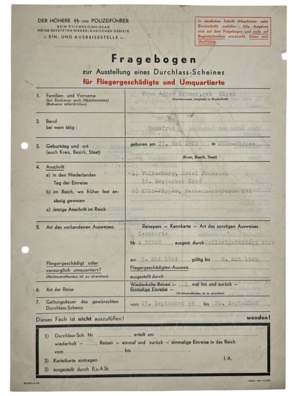 Original WW2 Dutch German Document - Fragebogen Fliegergeschädigde, SS- und Polizeiführer Valkenburg Hotel Franssen, Köln (1944)