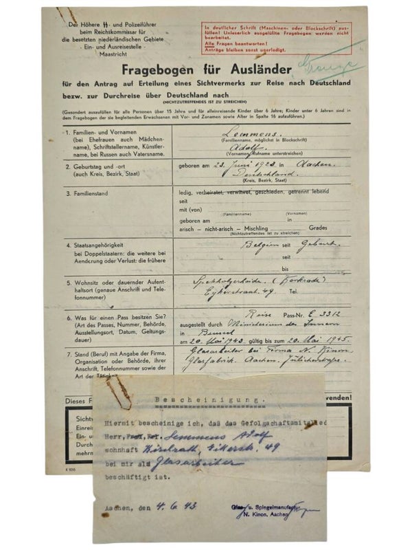 Original WW2 Dutch German Document - Fragebogen für Ausländer, SS- und Polizeiführer Spekholzerheide, Kerkrade, Aachen (1943)