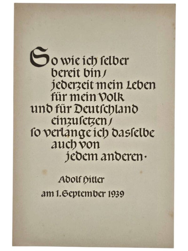 Original WW2 German Document - So wie ich selber bereit bin, Adolf Hitler, 1 September (1939)