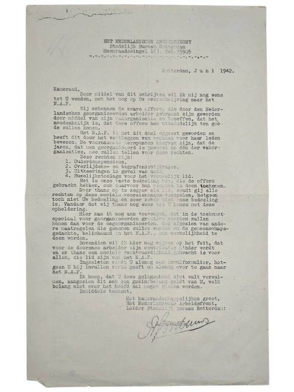 Original WW2 Dutch Collaboration NAF Document - Contribution request Nederlandsche Arbeitsfront, Rotterdam (1942)