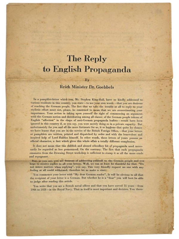 Original WW2 German British Document - The Reply to English Propaganda, By Reich Minister Dr. Goebbels (1939)