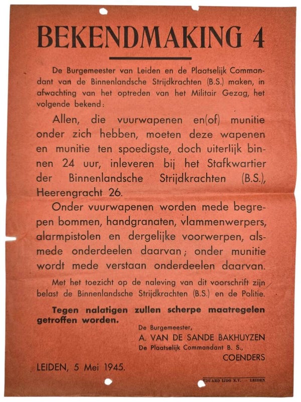 Original WW2 Dutch Liberation NBS Poster - Notice No. 4 Handing in weapons, Leiden (1945)