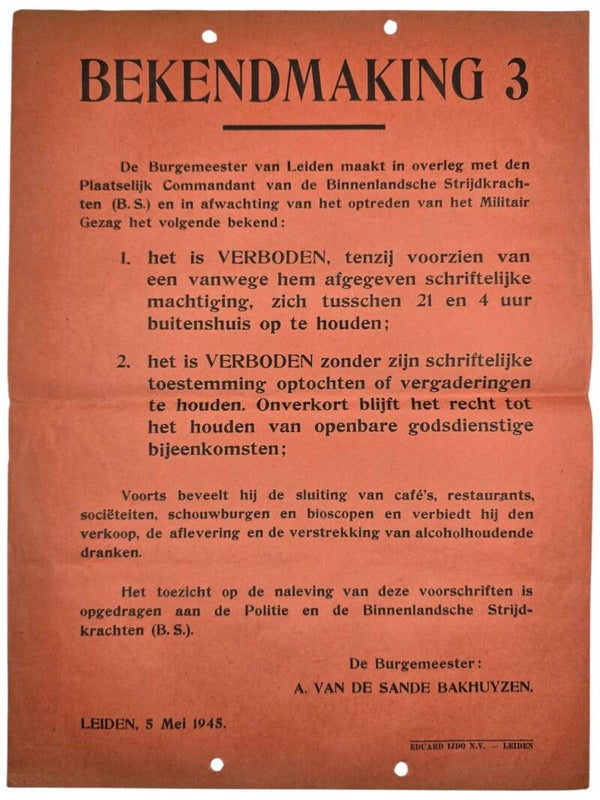 Original WW2 Dutch Liberation NBS Poster - Notice No. 3 Curfew, Leiden (1945)