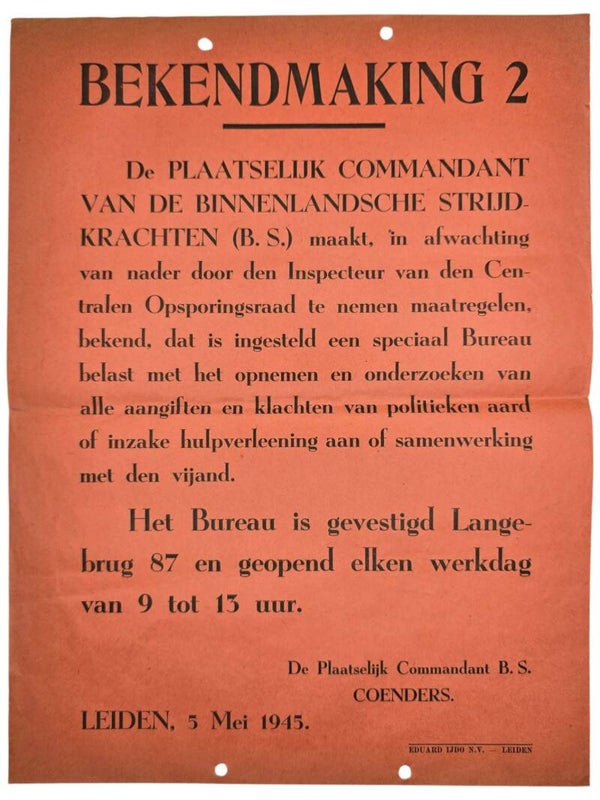 Original WW2 Dutch Liberation NBS Poster - Notice No. 2, Investigating collaborators, Leiden (1945)