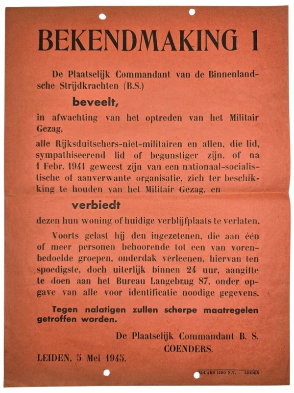 Original WW2 Dutch Liberation NBS Poster - Notice No. 1, House arrest for collaborators and Germans, Leiden (1945)