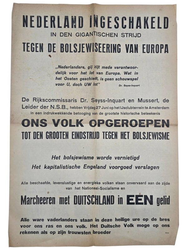 Original WW2 Dutch Collaboration NSB Document - Propaganda flyer gathering Arthur Seyss-Inquart and Anton Mussert IJsclubterrein Amsterdam (1941)