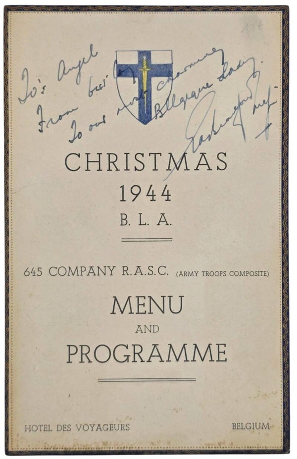 Original WW2 British Belgian Doucment - Christmas dance menu card B. L. A. 645 Company RASC, Hotel des Voyageurs, Belgium (1944)
