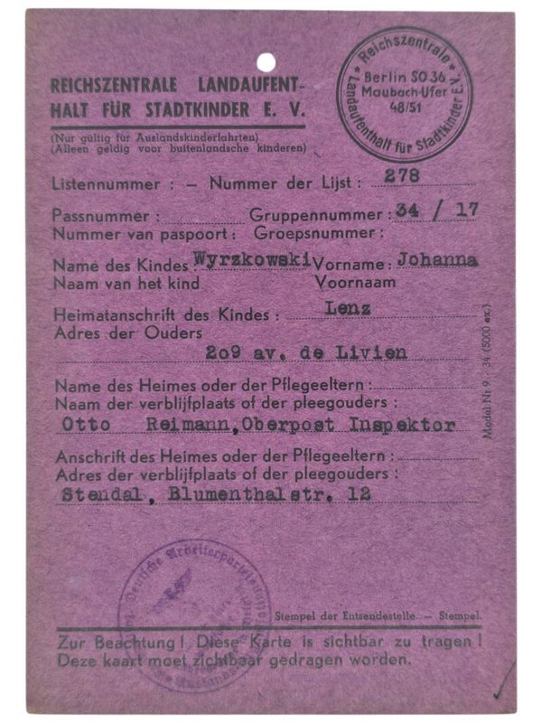 Original WW2 Belgian German Document - Reichszentrale Landaufenthalt für Stadtkinder, forster child from Lenz