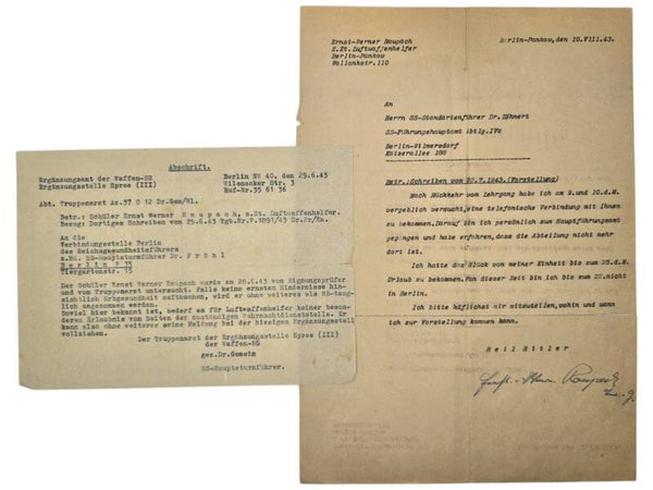 Original WW2 German Waffen SS Document - Luftwaffe Flakhelfer that wants to join the Waffen SS, Berlin (1943)