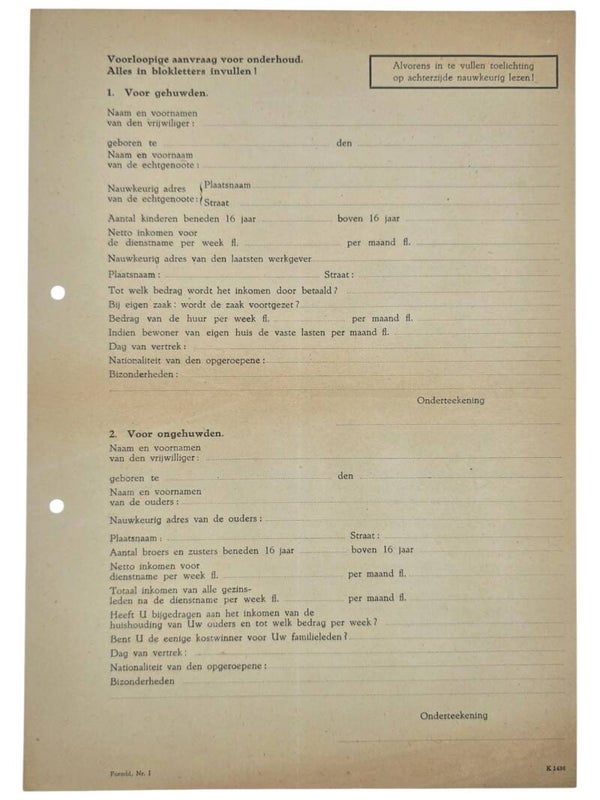 Original WW2 Dutch Waffen SS Document - Registration form to support families of Dutch Waffen SS volunteers, SS-Fürsorgeoffizier, Den Bosch