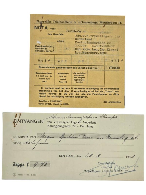 Original WW2 Dutch Waffen SS Document - Vrijwilligerslegioen Nederland paid phone bill Sturmbannführer Kiepe, The Hague (1943)