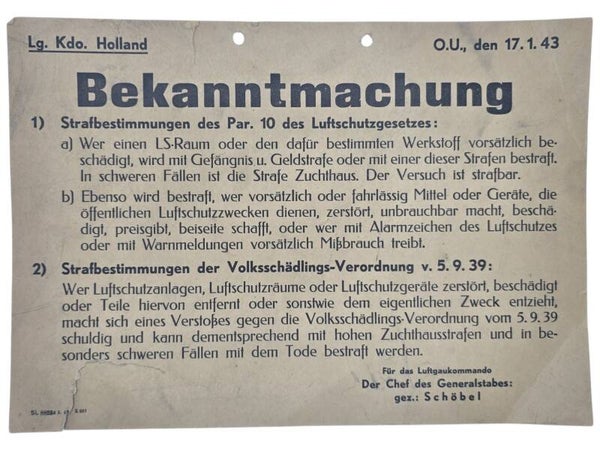 Original WW2 Dutch German Carton Sign - Luftgaukommando Holland Bekanntmachung protecting airraid shelters, Schöbel (1943)
