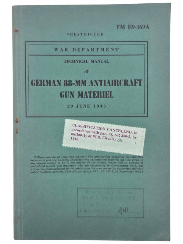 Original WW2 British Book - War Department Technical Manual German 88-MM Antiaircraft Gun Materiel (1943)