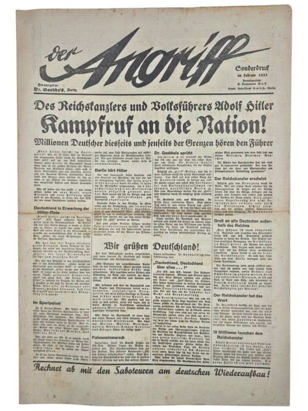 Original WW2 German NSDAP Newspaper - Der Angriff, Sonderdruk, Hitler Reichskanzler of Germany (1933)