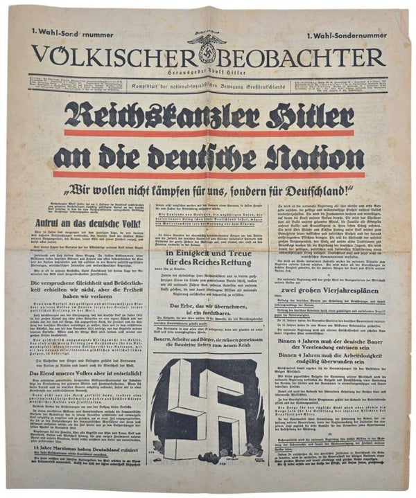 Original WW2 German NSDAP Newspaper - Völkischer Beobachter 1. Wahl-Sondernummer Reichskanzler Hitler an die Deutsche Nation (1933)