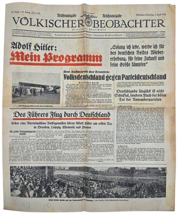 Original WW2 German NSDAP Newspaper - Völkischer Beobachter Reichsausgabe ''Adolf Hitler: Mein Programm'' (1932)