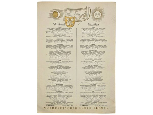 Original German Document - Norddeutscher Lloyd Bremen, SS Bremen menu card (1963)