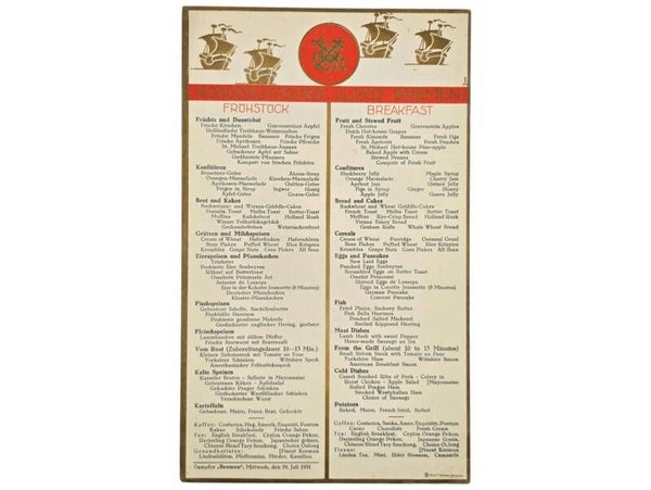 Original German Document - Norddeutscher Lloyd Bremen, SS Bremen menu card (1931)