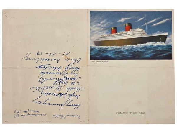 Original British Document - Cunard White Star, RMF Queen Elisabeth, Kosher menu card (1951)