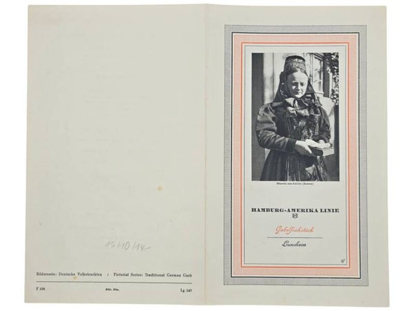 Origineel Wo2 Duits Document - HAPAG Hamburg-Amerika Linie, SS Deutschland, menukaart (1938)