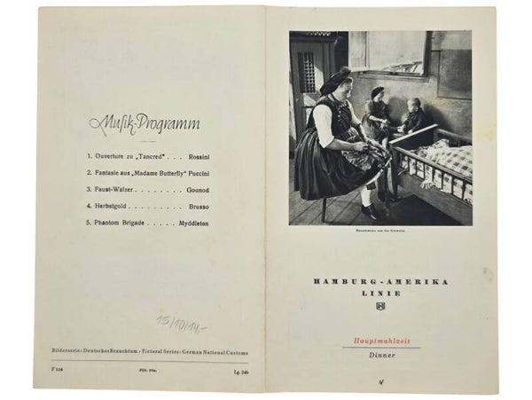 Original WW2 German Document - HAPAG Hamburg-Amerika Linie, SS Deutschland, menu card (1938)
