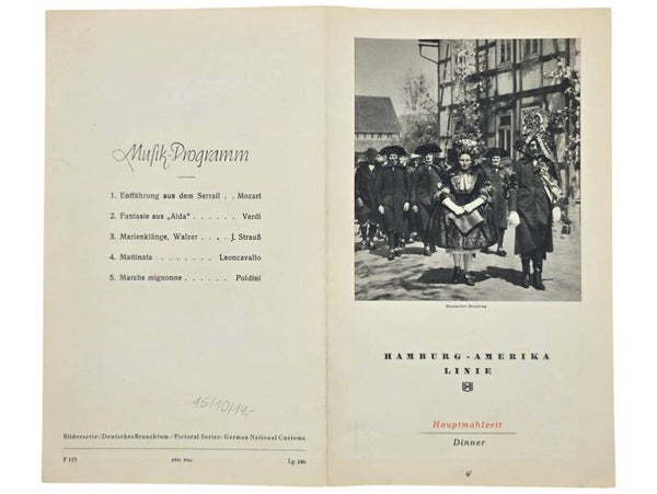 Original WW2 German Document - HAPAG Hamburg-Amerika Linie, SS Deutschland, menu card (1938)