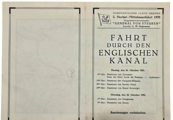 Original WW2 German Document - Norddeutscher Lloyd Bremen, SS General von Steuben, day program and map, English Channel (1935)