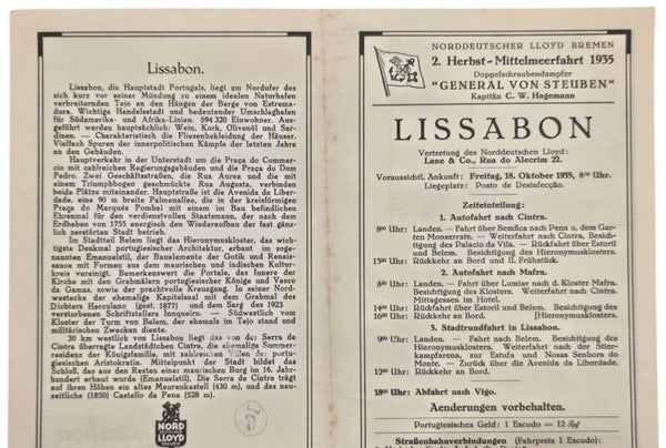 Original WW2 German Document - Norddeutscher Lloyd Bremen, SS General von Steuben, day program and map, Lissabon (1935)