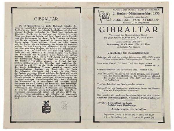 Original WW2 German Document - Norddeutscher Lloyd Bremen, SS General von Steuben, day program and map, Gibraltar (1935)