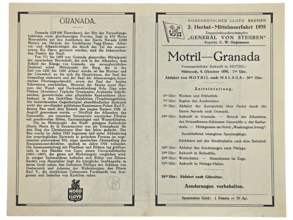 Original WW2 German Document - Norddeutscher Lloyd Bremen, SS General von Steuben, day program and map, Motril Granada (1935)