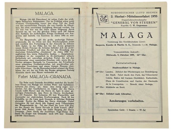 Original WW2 German Document - Norddeutscher Lloyd Bremen, SS General von Steuben, day program and map, Malaga (1935)
