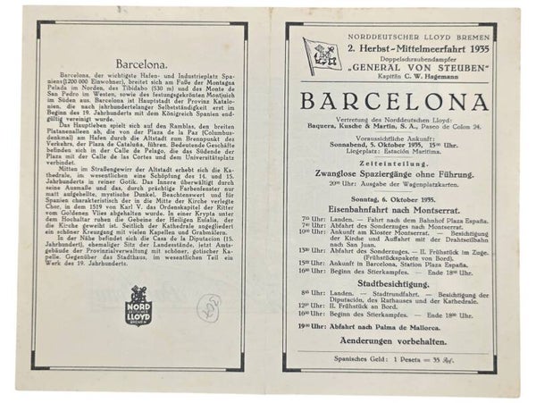 Original WW2 German Document - Norddeutscher Lloyd Bremen, SS General von Steuben, day program and map, Barcelona (1935)