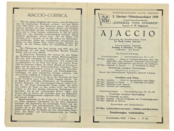 Original WW2 German Document - Norddeutscher Lloyd Bremen, SS General von Steuben, day program and map, Ajaccio (1935)